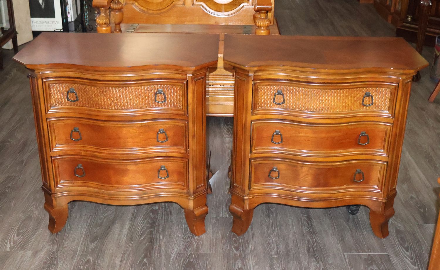 Pair of Hooker Furniture Windward Raffia Nightstands – Built in Power Outlets