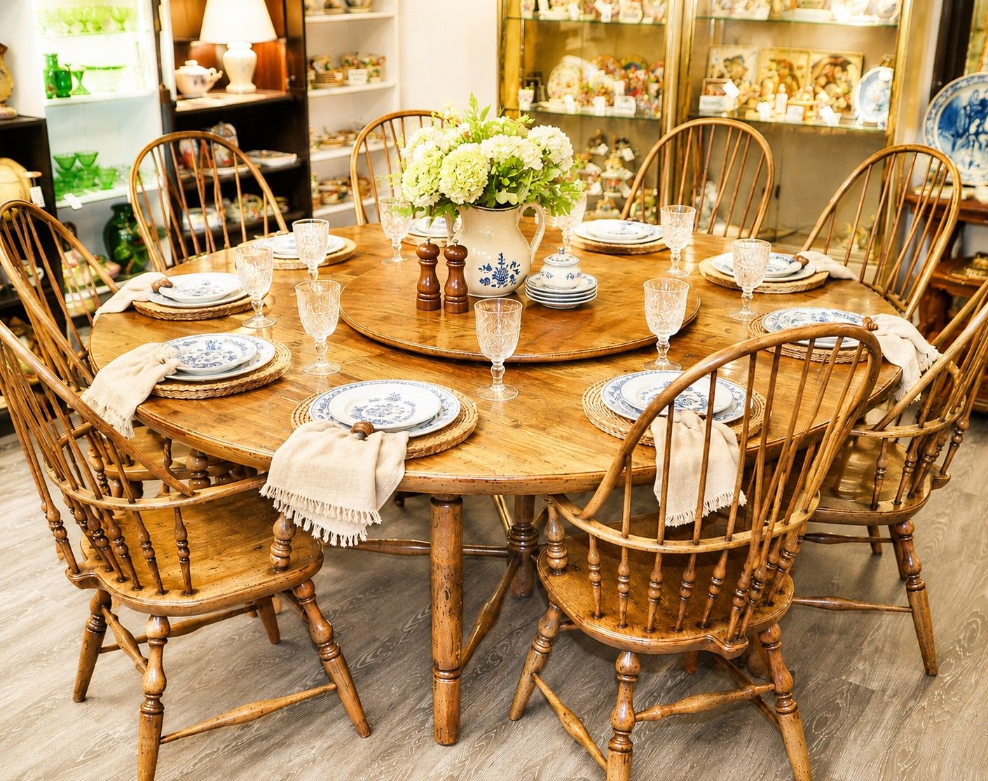 Vintage Rustic Farmhouse Dining Set | 72" Round Hardwood Table, 8 Windsor Armchairs &amp; 42" Lazy Susan