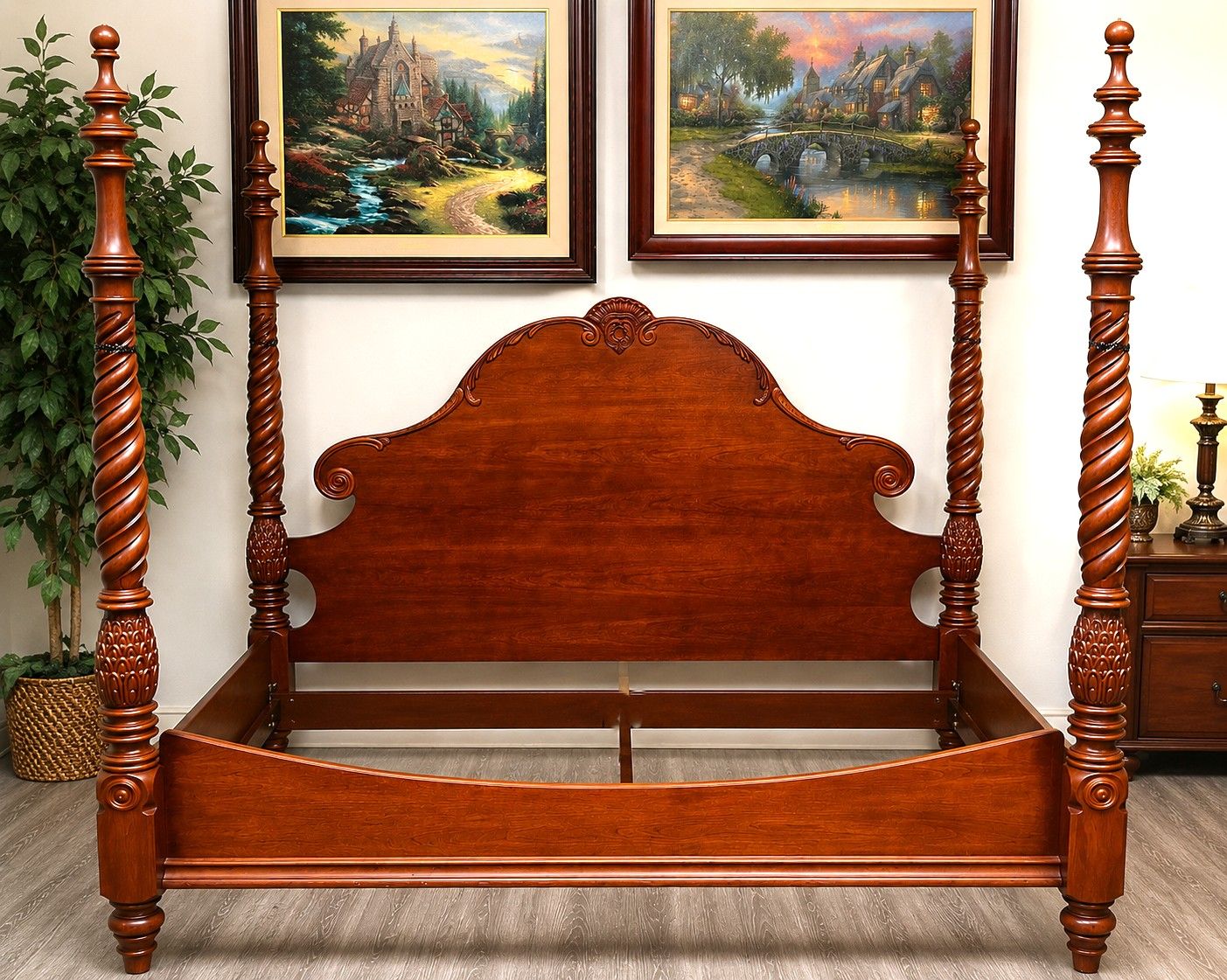 Ethan Allen Verandah Mahogany King Four Poster Carved Rice Bed Set