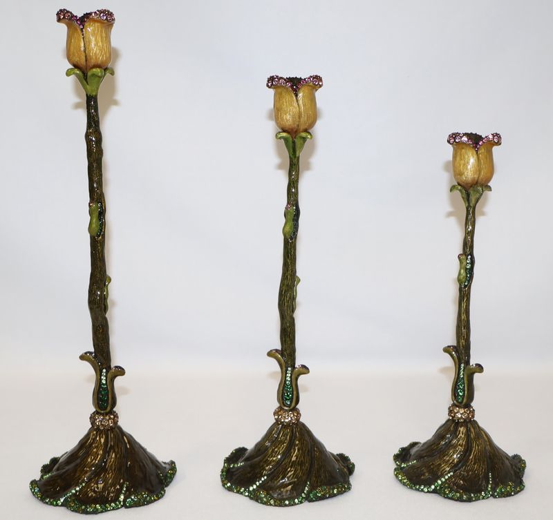 Jay Strongwater Tulip Candlestick Holders, Set of 3 Hand-Enameled Swarovski Crystal Candleholders