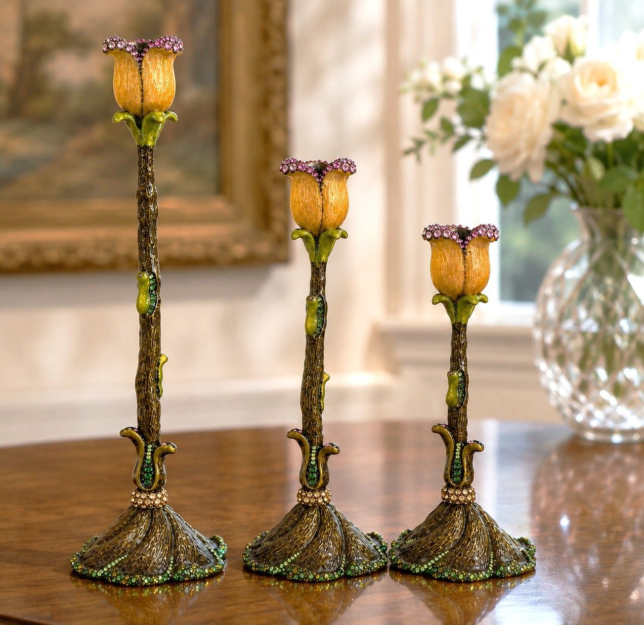 Jay Strongwater Tulip Candlestick Holders, Set of 3 Hand-Enameled Swarovski Crystal Candleholders