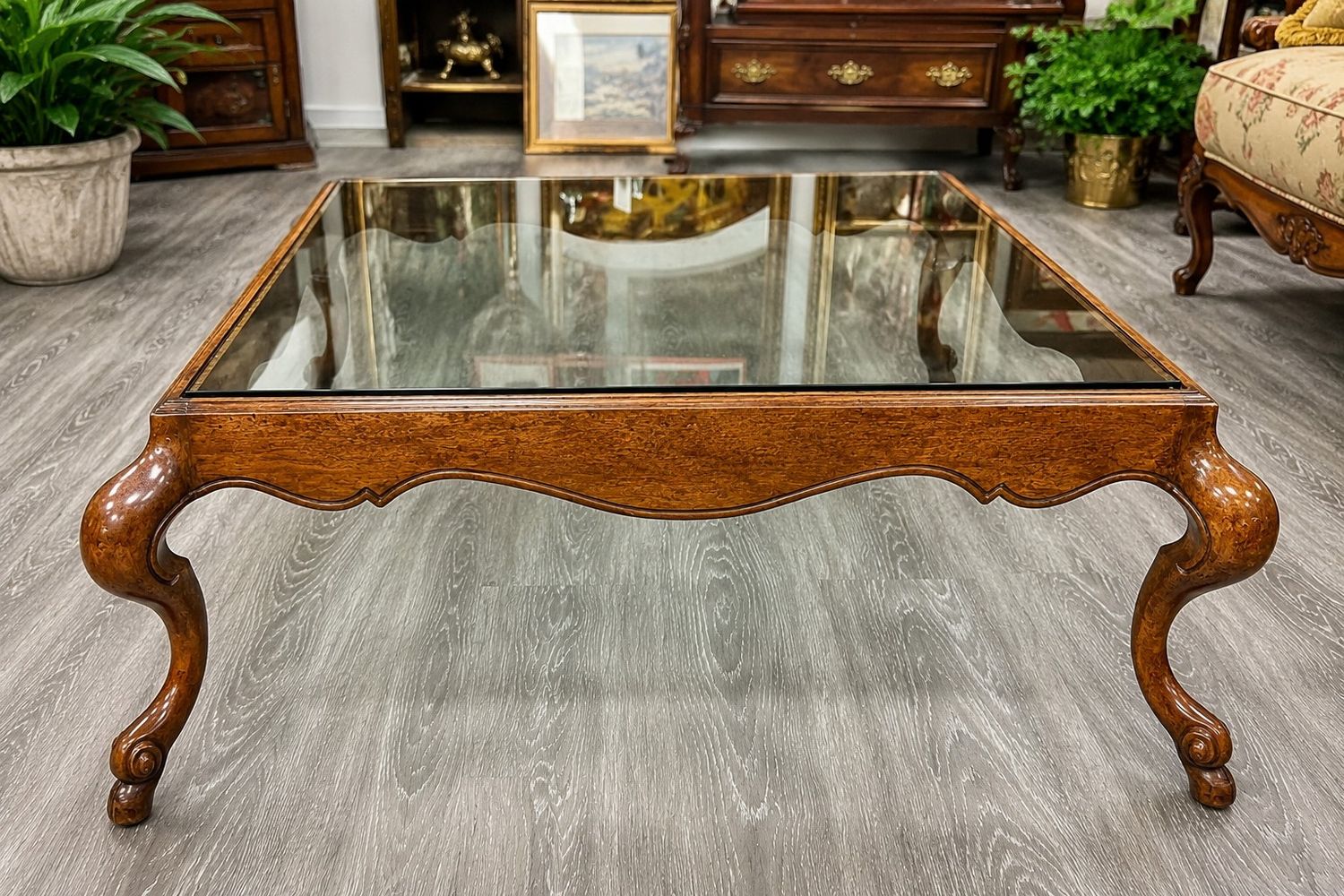 Italian Burl Walnut Swan Leg Coffee Table with Inset Glass Top | Regency Hollywood Style