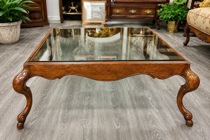 Italian Burl Walnut Swan Leg Coffee Table with Inset Glass Top | Regency Hollywood Style