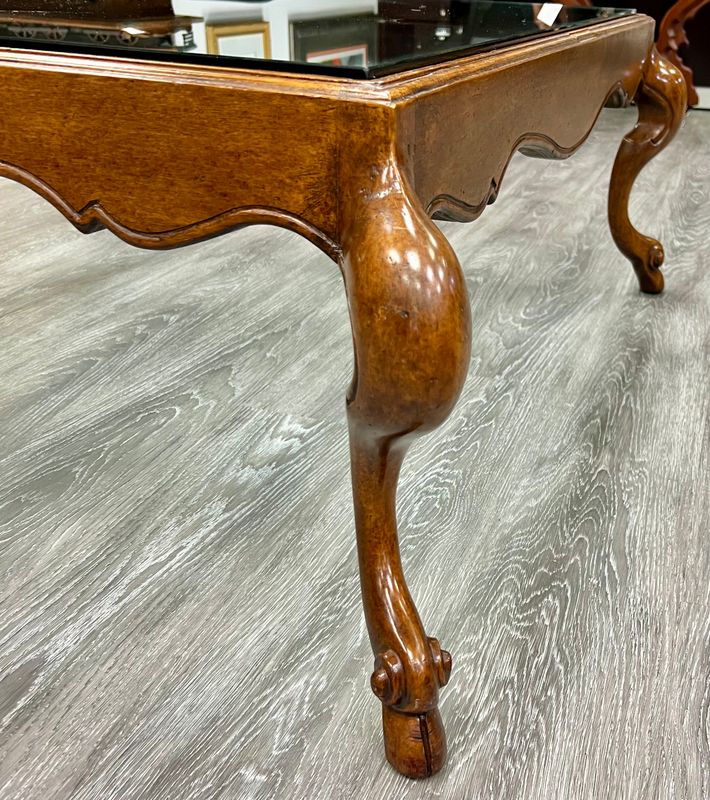 Italian Burl Walnut Swan Leg Coffee Table with Inset Glass Top | Regency Hollywood Style