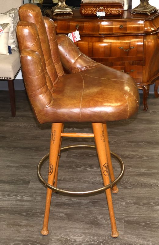 Vintage Baseball Glove Leather Swivel Bar Stool with Genuine Louisville Slugger Johnny Bench &amp; Joe Morgan Bat Legs