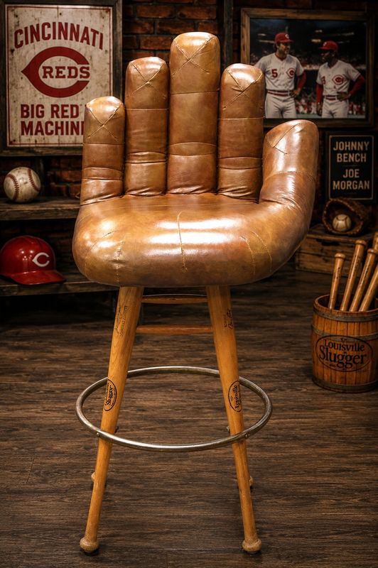 Vintage Baseball Glove Leather Swivel Bar Stool with Genuine Louisville Slugger Johnny Bench &amp; Joe Morgan Bat Legs