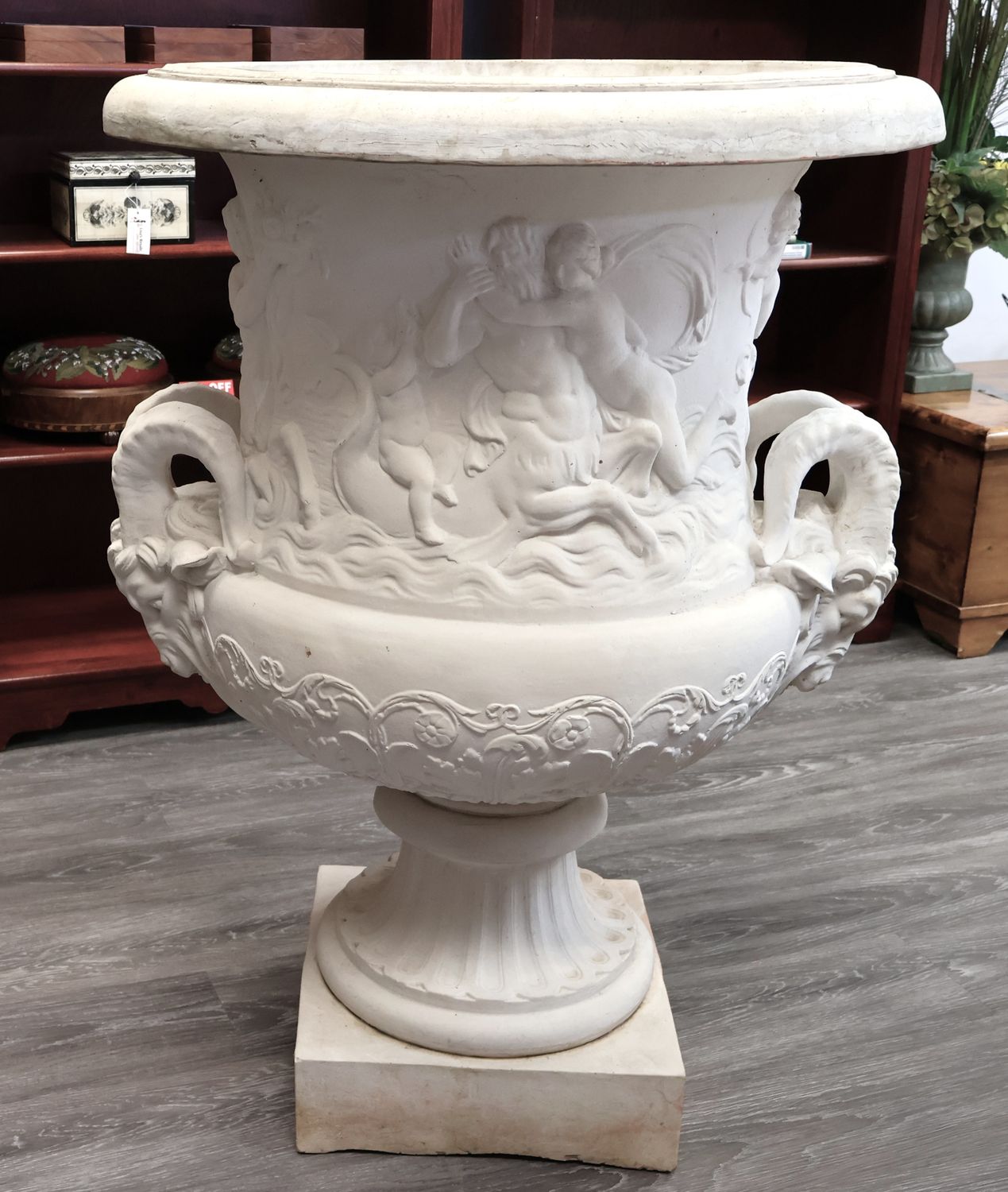 Monumental Neoclassical Architectural Cast Stone Urn with Ram's Head Handles &amp; Mythological Relief Sculpture – 40"