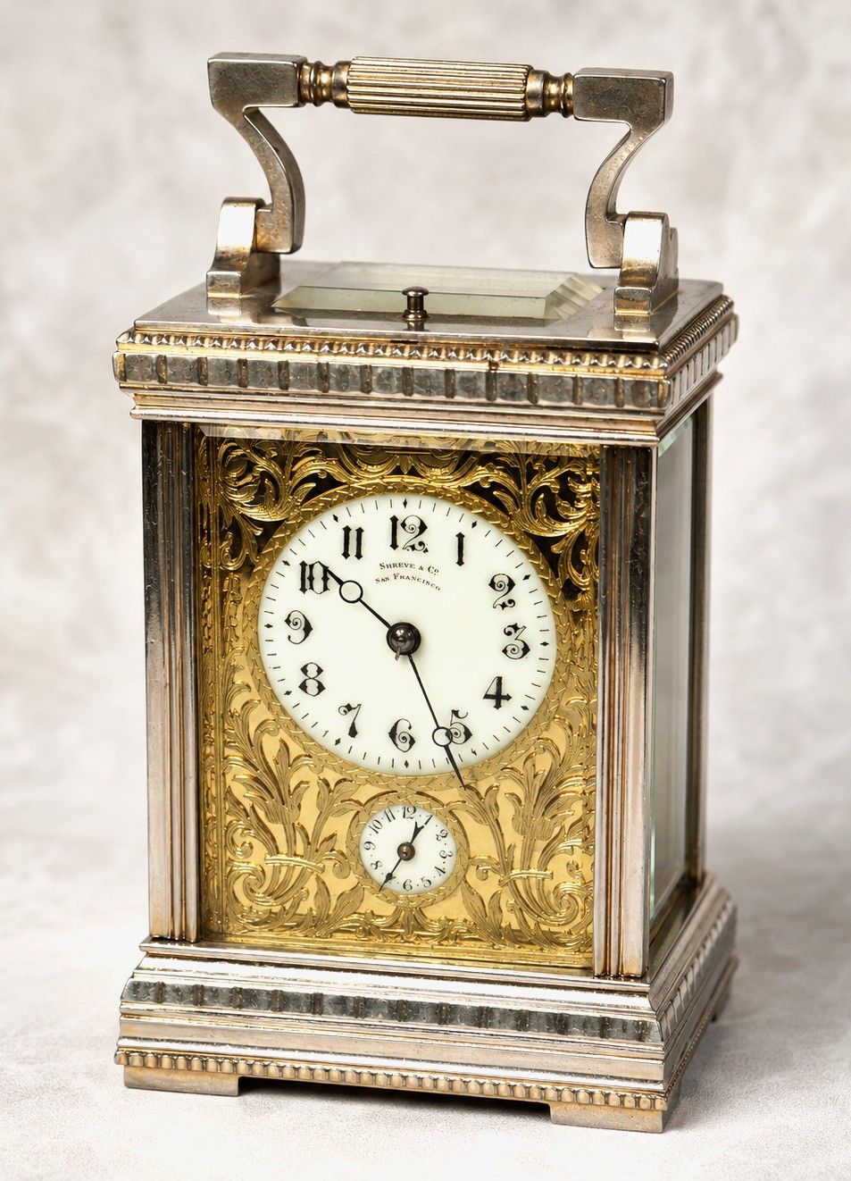Shreve & Co. San Francisco French 8-Day Brass Time, Strike & Alarm Beveled Glass Carriage Clock Shreve & Co. San Francisco French 8-Day Brass Time, Strike & Alarm Beveled Glass Carriage Clock