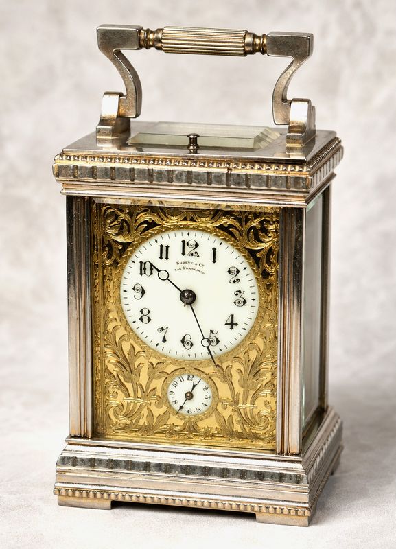 Shreve & Co. San Francisco French 8-Day Brass Time, Strike & Alarm Beveled Glass Carriage Clock