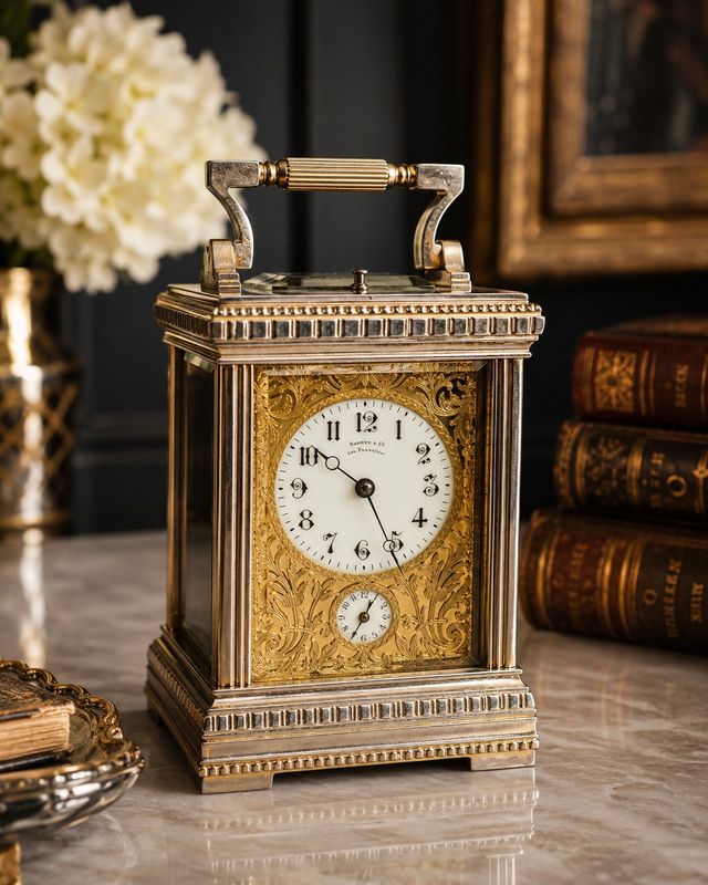 Shreve &amp; Co. San Francisco French 8-Day Brass Time, Strike &amp; Alarm Beveled Glass Carriage Clock