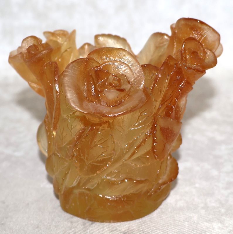 Daum France Amber Rose Crystal Pâte de Verre Art Glass Votive Candle Holder – Signed