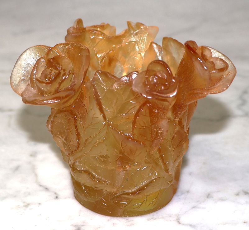 Daum France Amber Rose Crystal Pâte de Verre Art Glass Votive Candle Holder – Signed