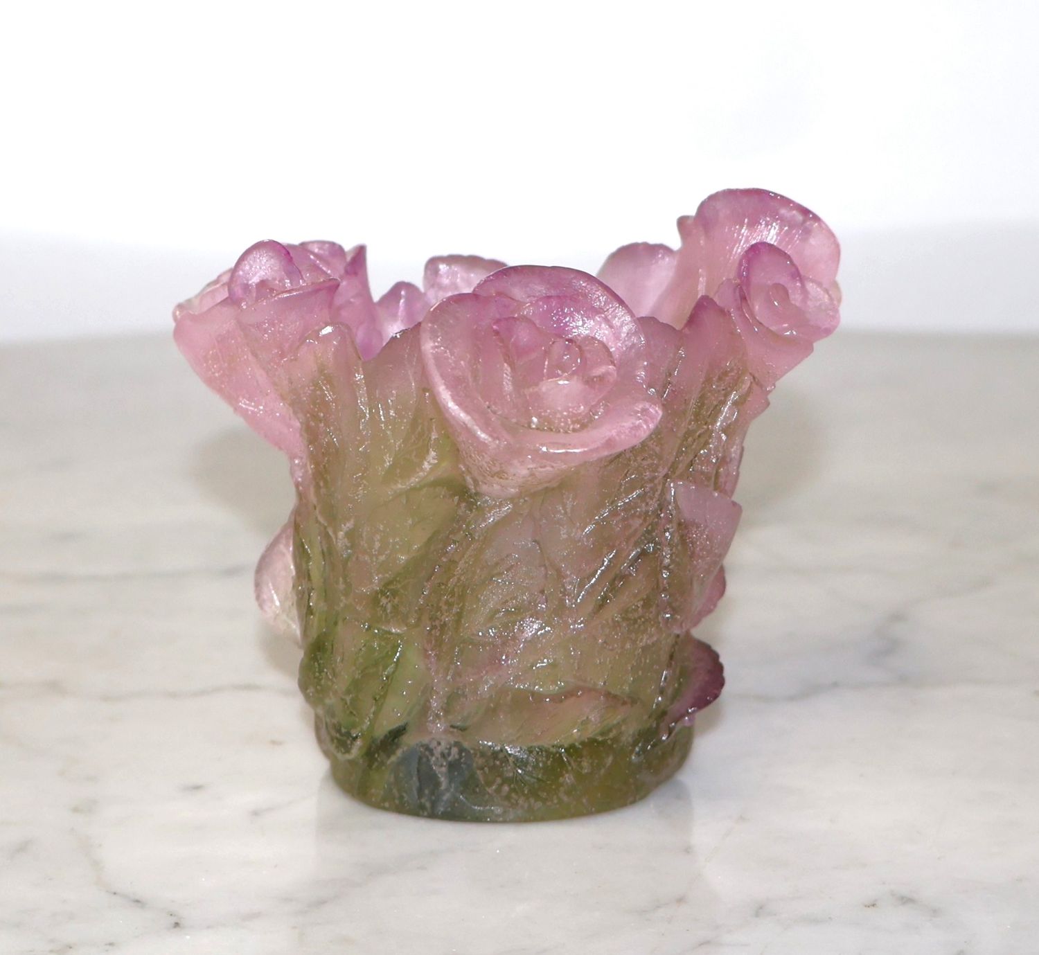Daum France Pink Rose Crystal Pâte de Verre Art Glass Votive Candle Holder – Signed Daum France Pink Rose Crystal Pâte de Verre Art Glass Votive Candle Holder – Signed