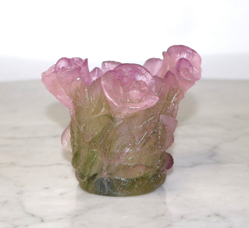Daum France Pink Rose Crystal Pâte de Verre Art Glass Votive Candle Holder – Signed
