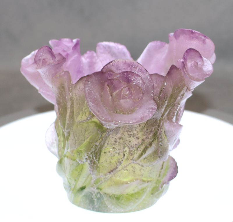 Daum France Pink Rose Crystal Pâte de Verre Art Glass Votive Candle Holder – Signed