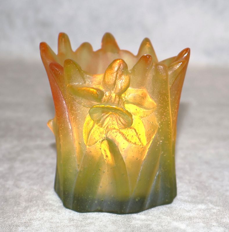 Daum France Jonquille Pâte de Verre Crystal Daffodil Art Glass Votive Candle Holder - Signed