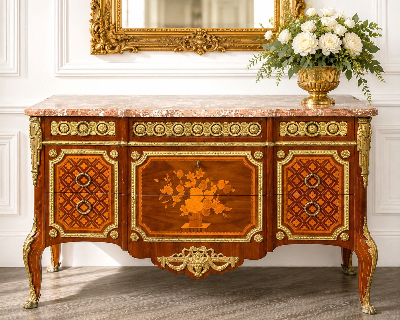 French Louis XV Style Marble Top Marquetry Inlaid Commode Dresser Bronze Ormolu French Louis XV Style Marble Top Marquetry Inlaid Commode Dresser Bronze Ormolu
