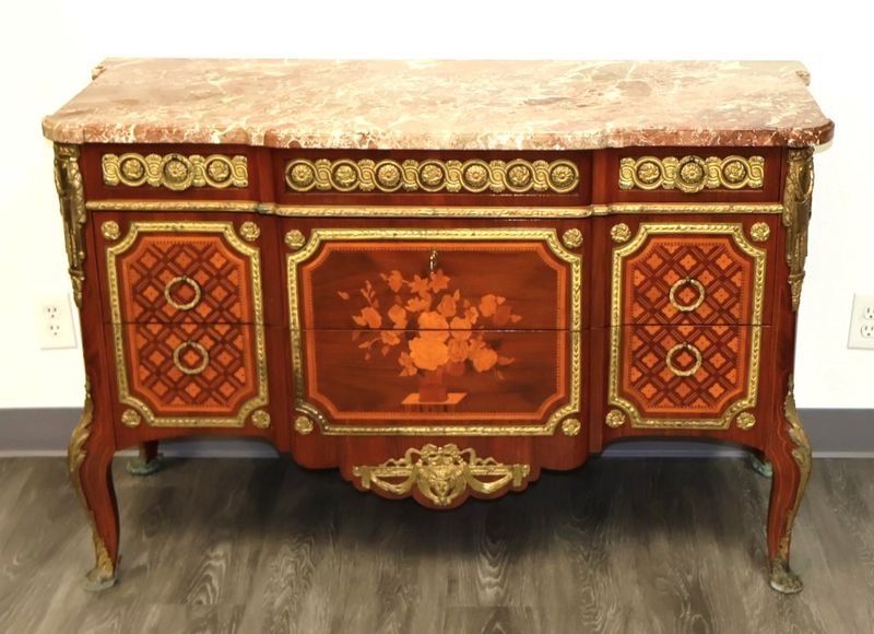 French Louis XV Style Marble Top Marquetry Inlaid Commode Dresser Bronze Ormolu