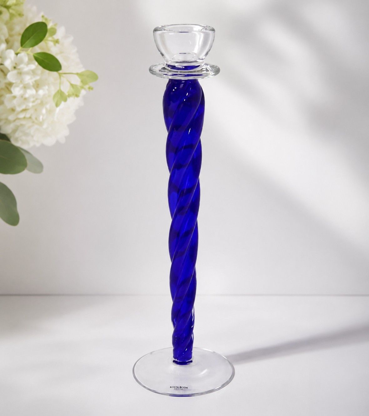 Kosta Boda Cobalt Blue Swirl Candlestick Signed Ann Wahlstrom 14.5"