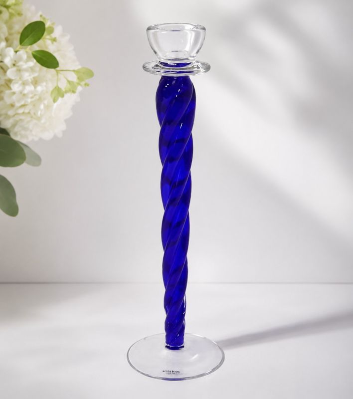 Kosta Boda Cobalt Blue Swirl Candlestick Signed Ann Wahlstrom 14.5"