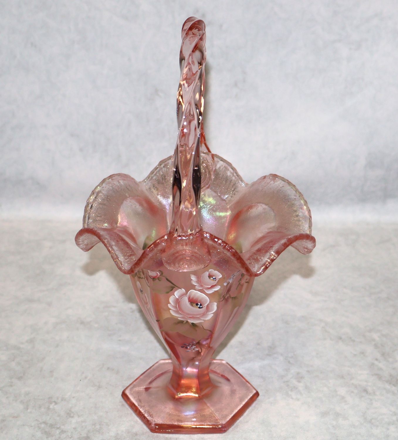 Fenton Velva Rose Pink Stretch Art Glass Basket J Dowler Scott Fenton Signed 10"