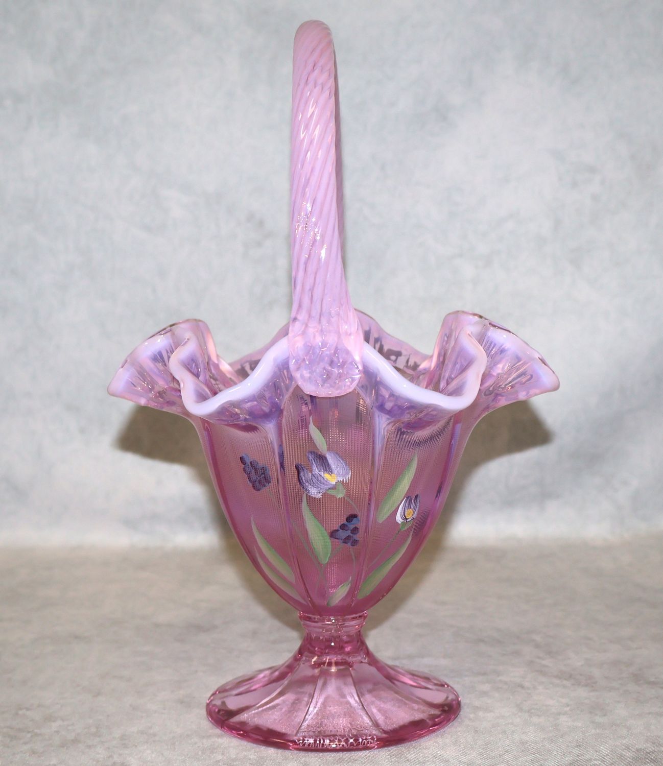Fenton Pink Chiffon Opalescent Basket Four Seasons Floral T. Twyman Signed 11"