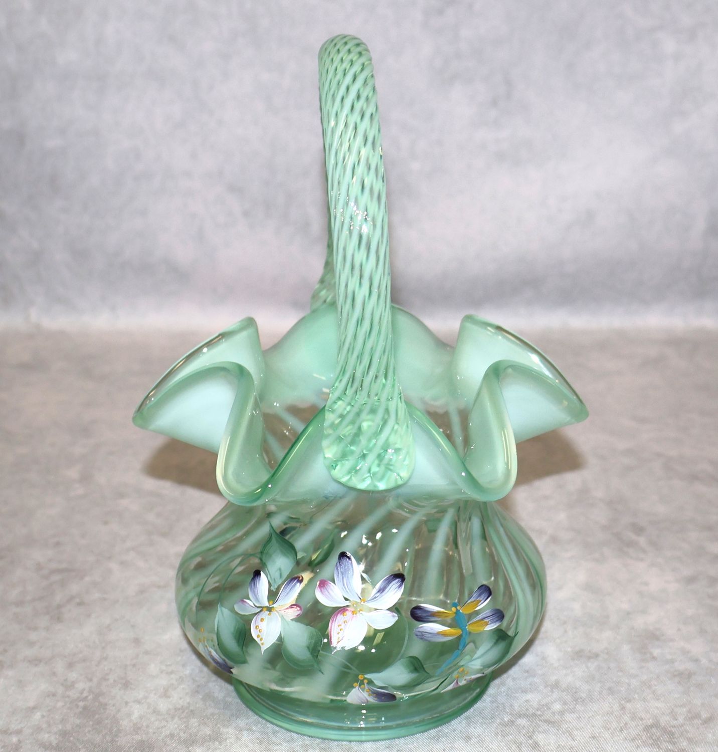 Fenton Green Swirl Opalescent Floral Dragonfly Basket K Wanstreet Sean Fenton 01