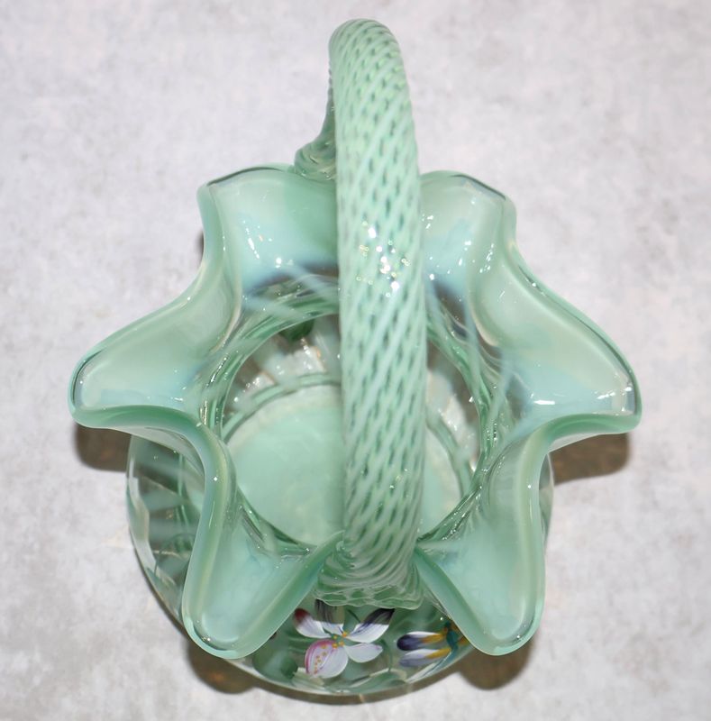Fenton Green Swirl Opalescent Floral Dragonfly Basket K Wanstreet Sean Fenton 01