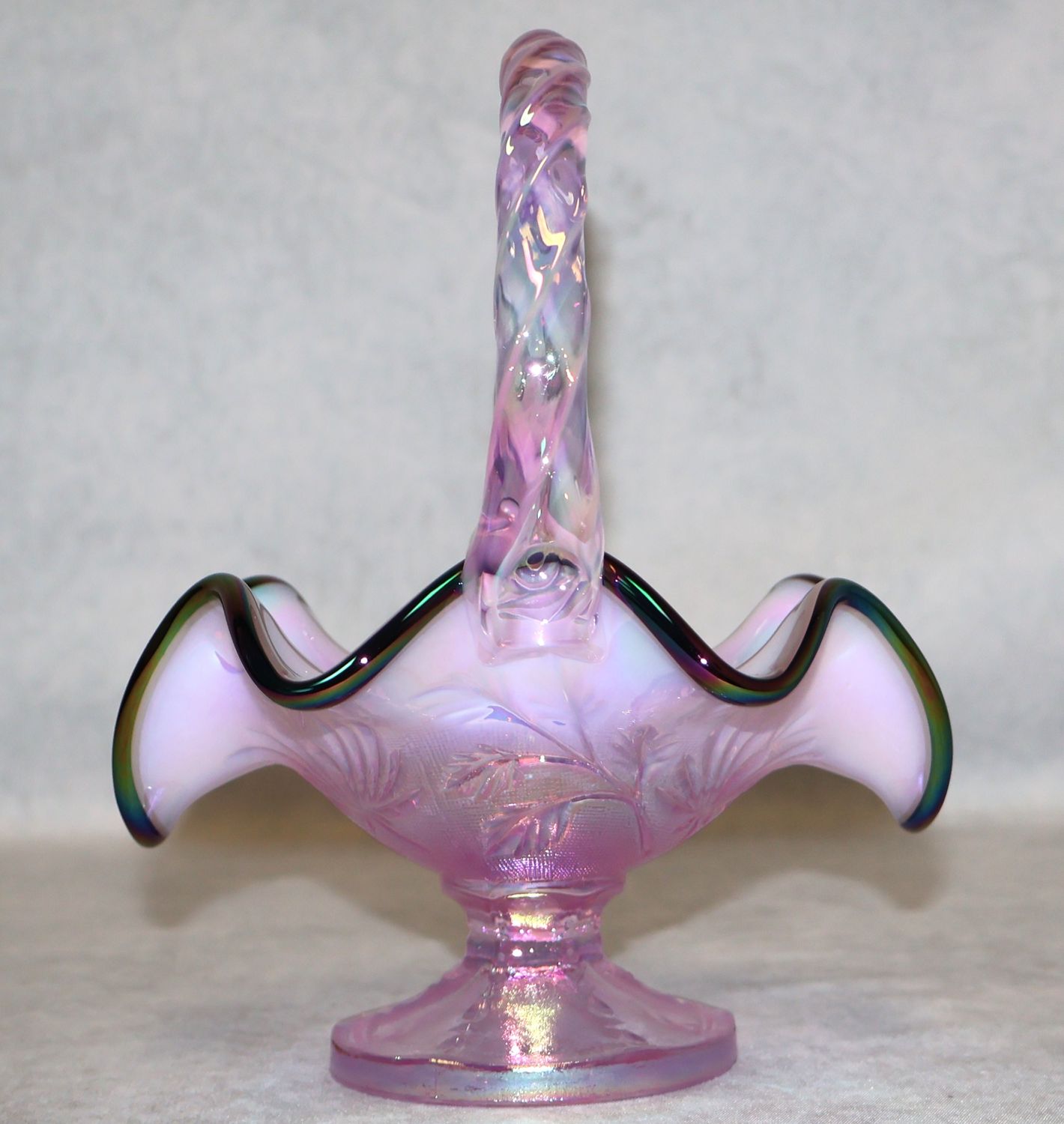 Fenton Rose Opalescent Carnival Crest Art Glass Basket Scott K. Fenton Signed 7.25”