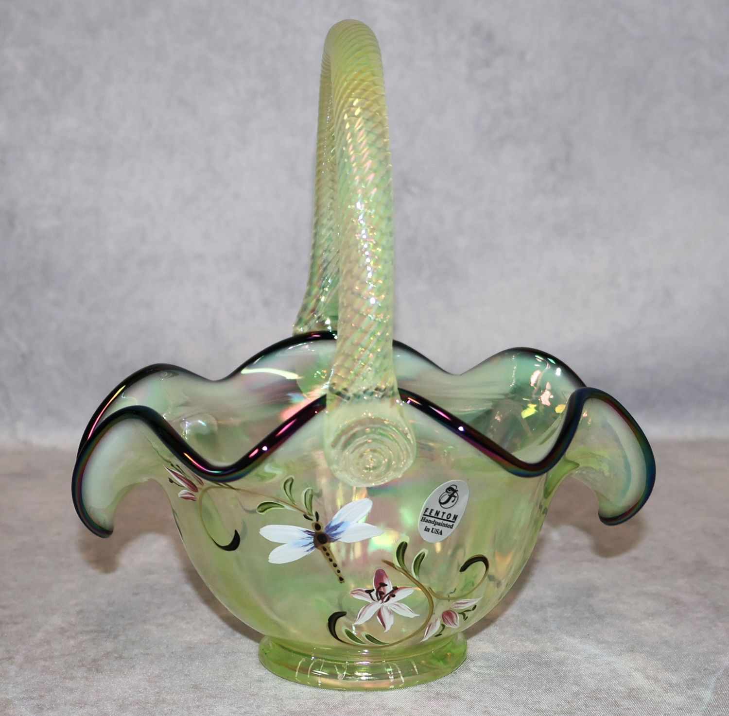 Fenton Topaz Uranium Glass Lily Trail Dragonfly Basket Pam Fleak Signed UV 7.25”