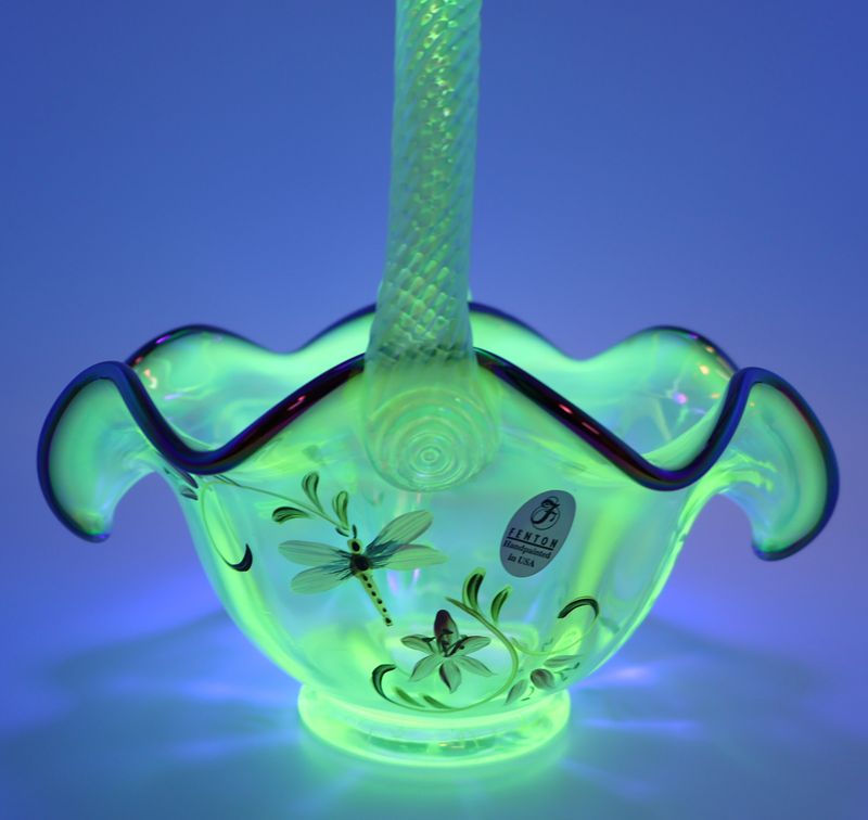 Fenton Topaz Uranium Glass Lily Trail Dragonfly Basket Pam Fleak Signed UV 7.25”