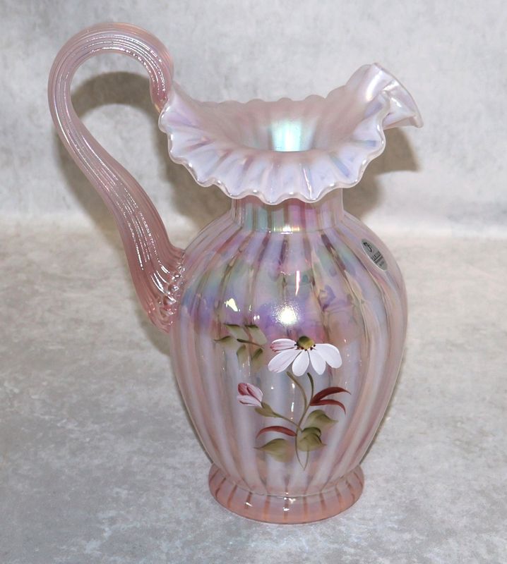 Fenton Pink Opalescent Iridized Floral Pitcher Signed M Wagner Lynn Fenton 9.5"