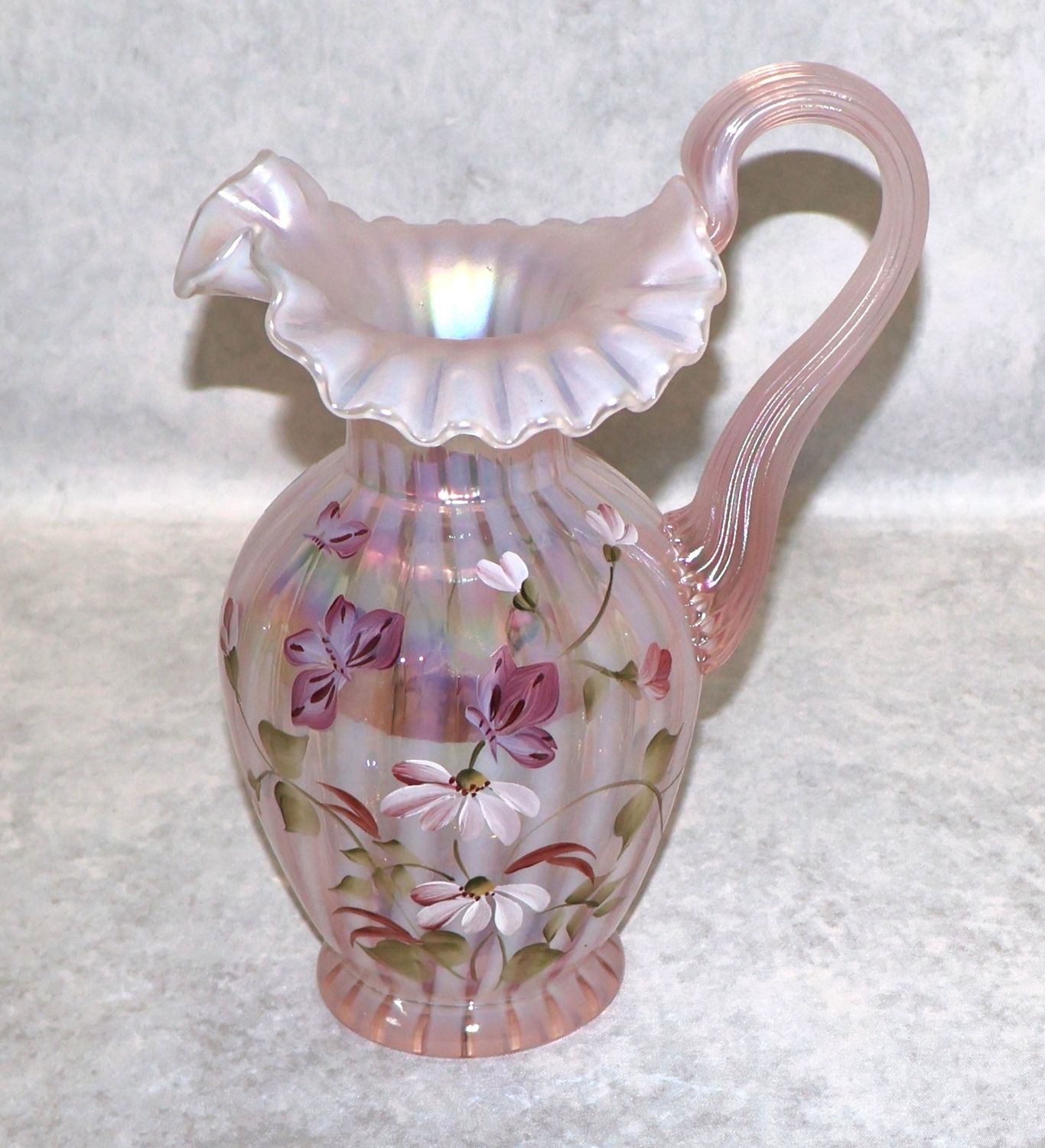 Fenton Pink Opalescent Iridized Floral Pitcher Signed M Wagner Lynn Fenton 9.5"