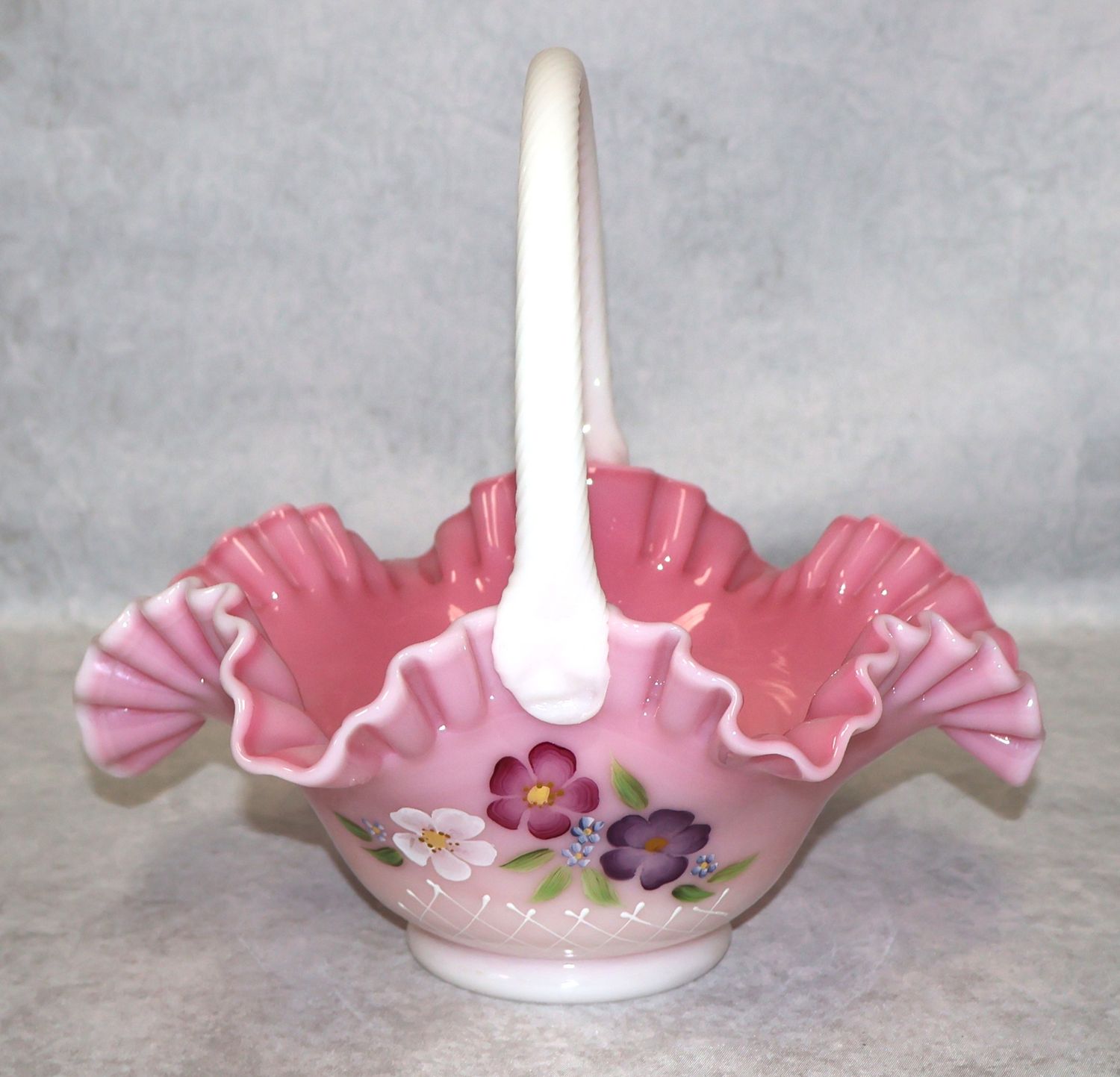 Fenton Rosalene Pink Floral Art Glass Basket T. Twyman LE 350/2500 Signed 9"