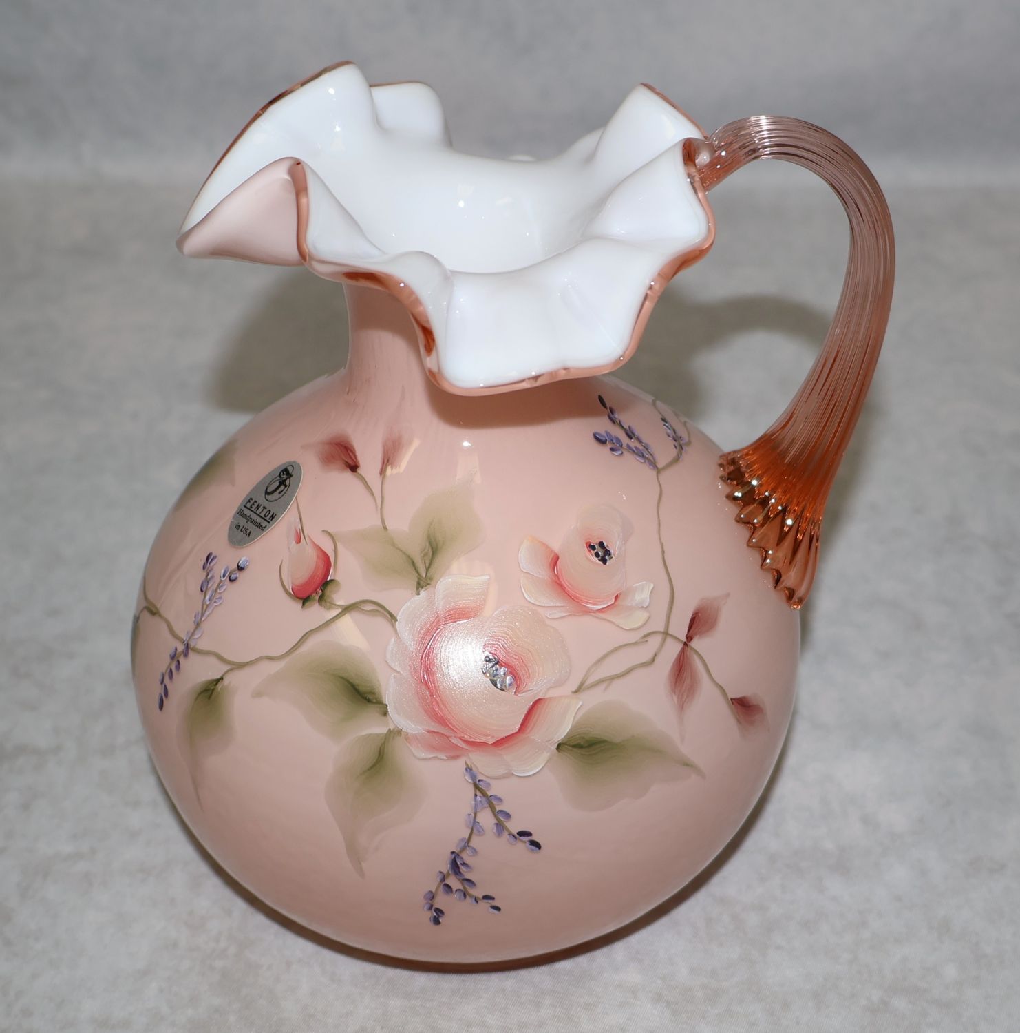 Fenton Peach Overlay Floral Art Glass Pitcher Reeded Handle Signed S. Johnson 6.5"