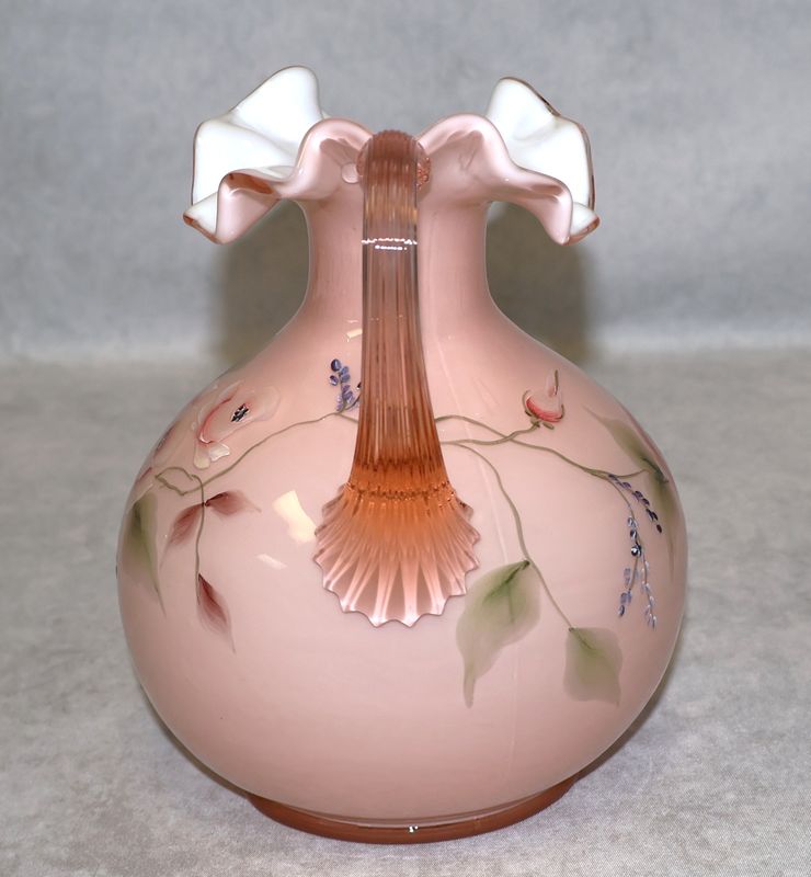 Fenton Peach Overlay Floral Art Glass Pitcher Reeded Handle Signed S. Johnson 6.5"