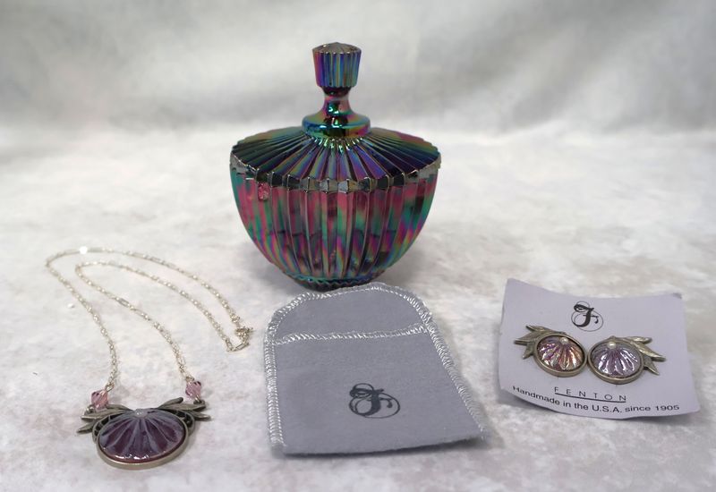 Fenton Amethyst Carnival Glass Art Keepsake Box, Pendant Necklace &amp; Earring Set