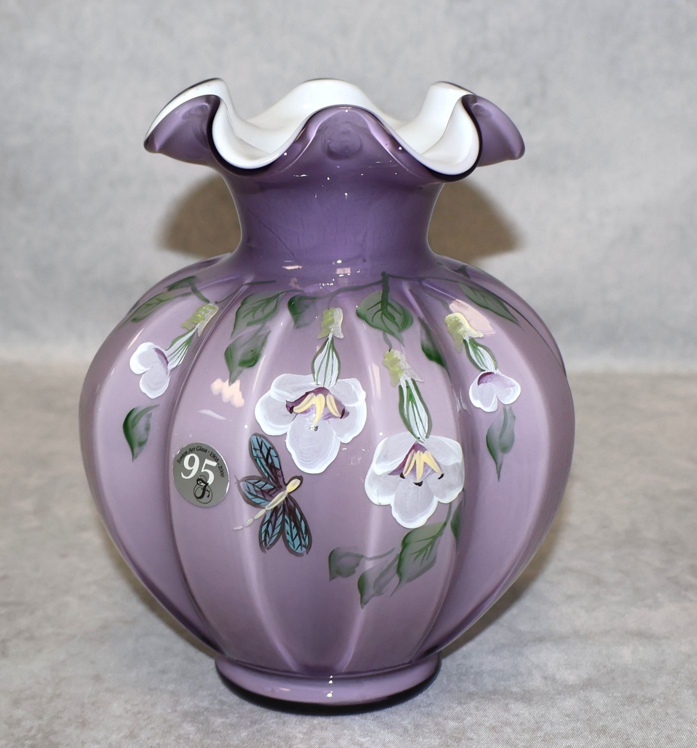 Fenton Sweetbriar Lavender Dragonfly Art Glass Melon Vase Signed N Cooper Sean K. Fenton 6.5"