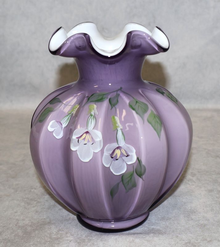 Fenton Sweetbriar Lavender Dragonfly Art Glass Melon Vase Signed N Cooper Sean K. Fenton 6.5"