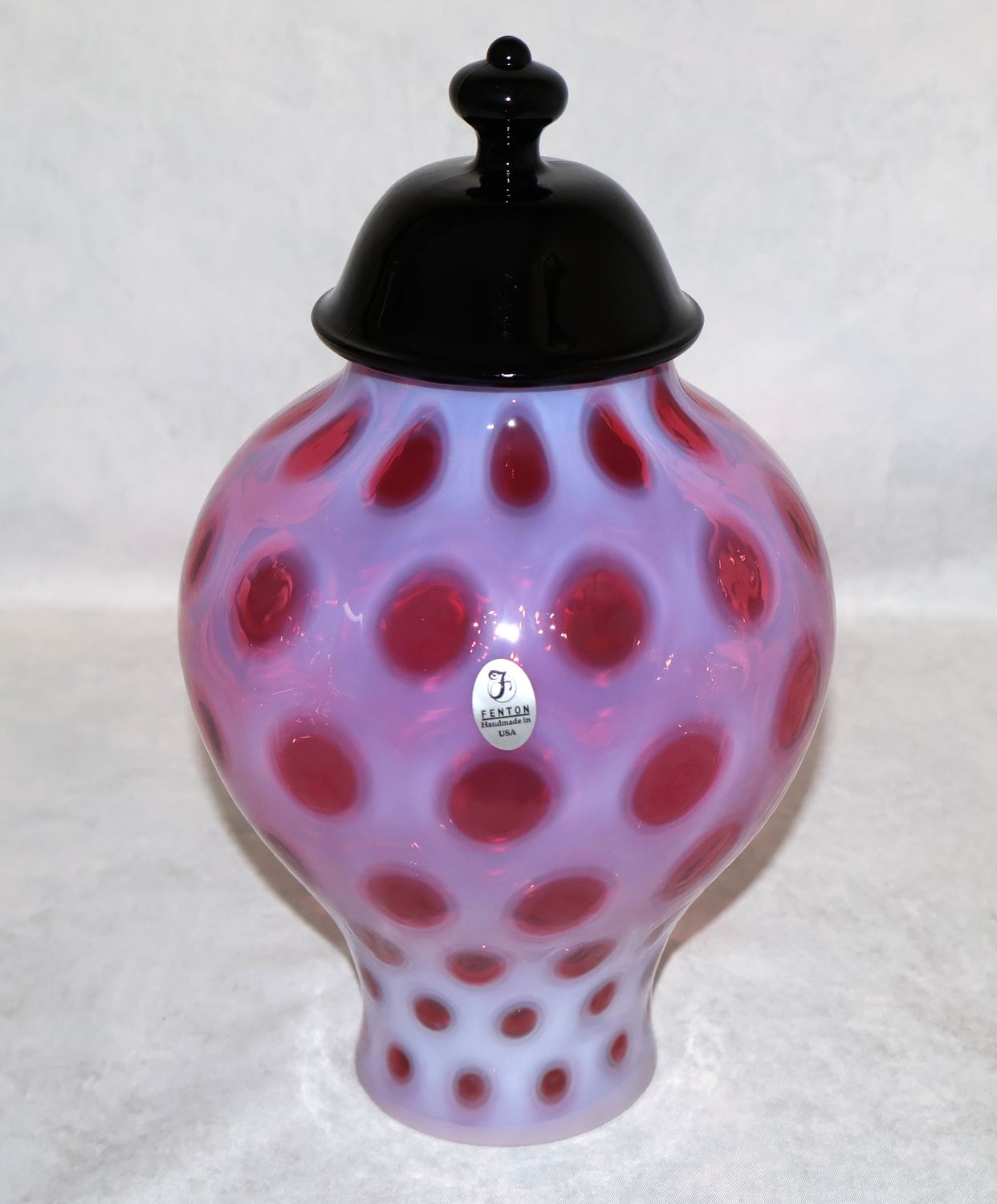 Fenton Cranberry Opalescent Coin Dot Ginger Jar &amp; Lid LE #320/1750 10.25" Tall - Art Glass