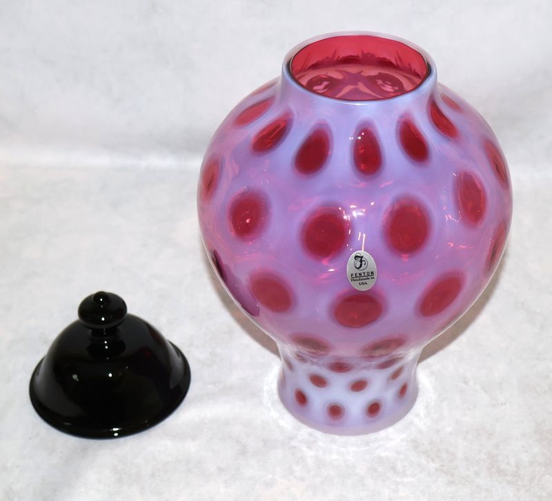 Fenton Cranberry Opalescent Coin Dot Ginger Jar &amp; Lid LE #320/1750 10.25" Tall - Art Glass