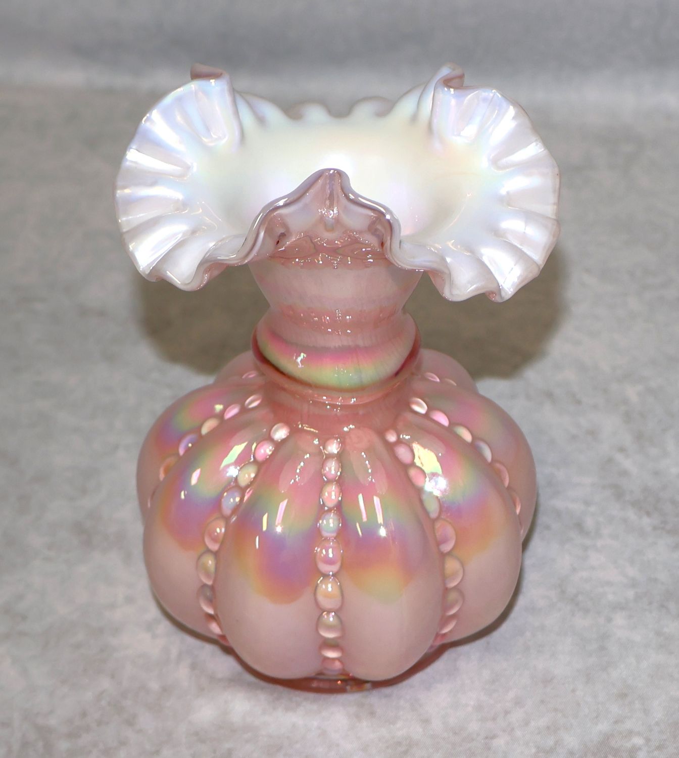 Fenton Pink Iridescent Beaded Melon Art Glass Vase Double Signed Scott &amp; Dan Fenton 6"