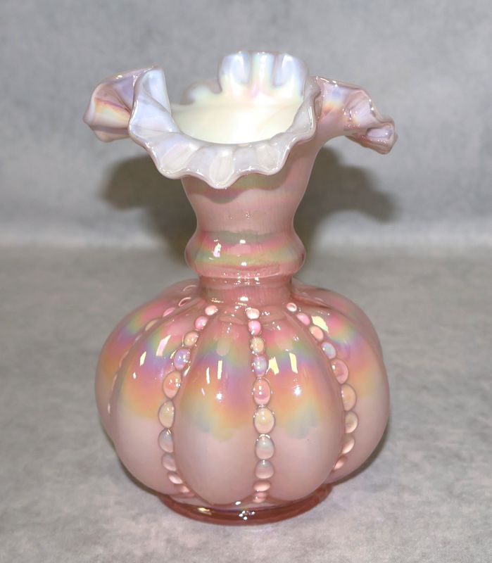 Fenton Pink Iridescent Beaded Melon Art Glass Vase Double Signed Scott &amp; Dan Fenton 6"