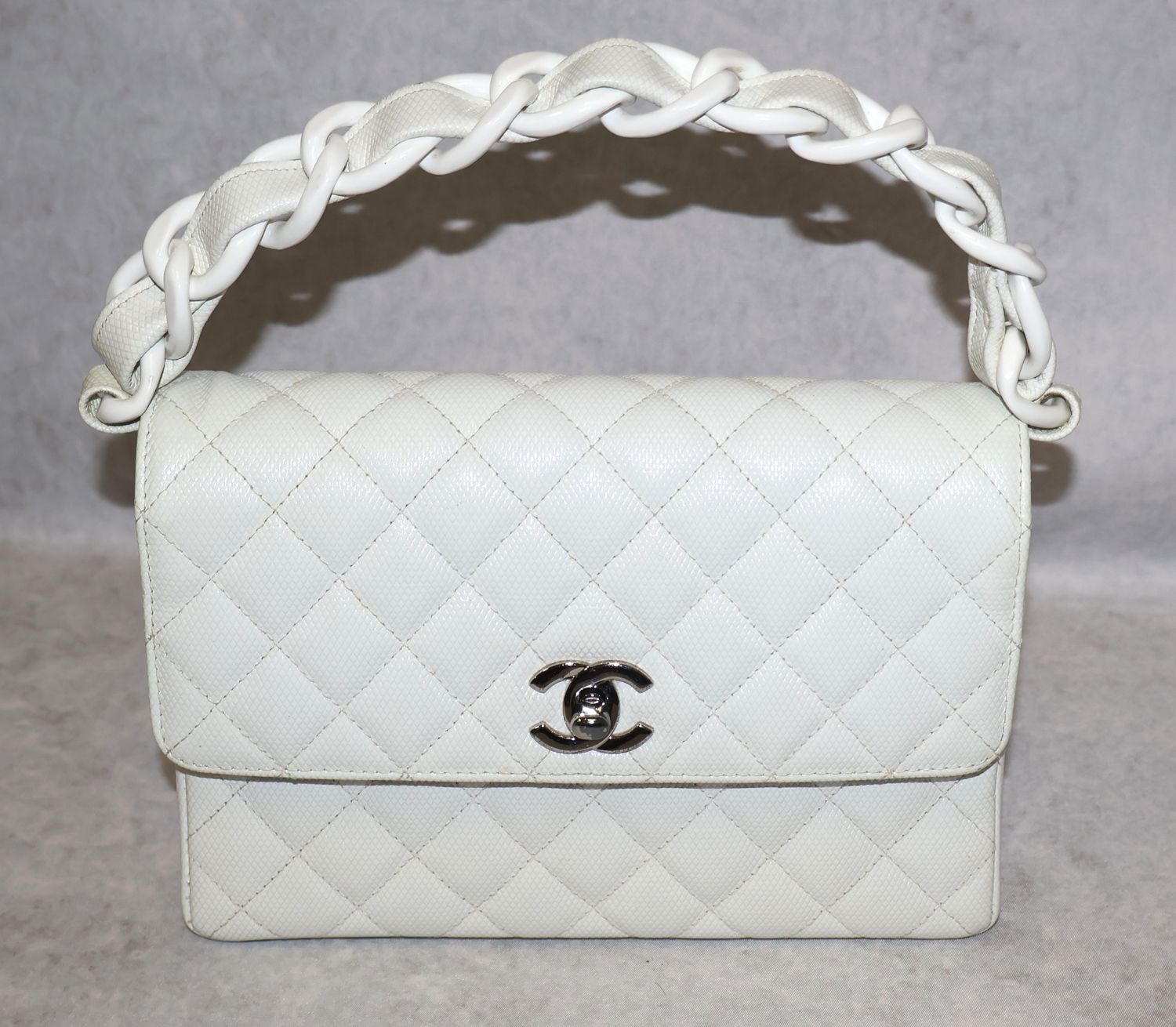 Vintage Chanel White Caviar Matelasse Flap Bag Resin Chain Silver Hardware
