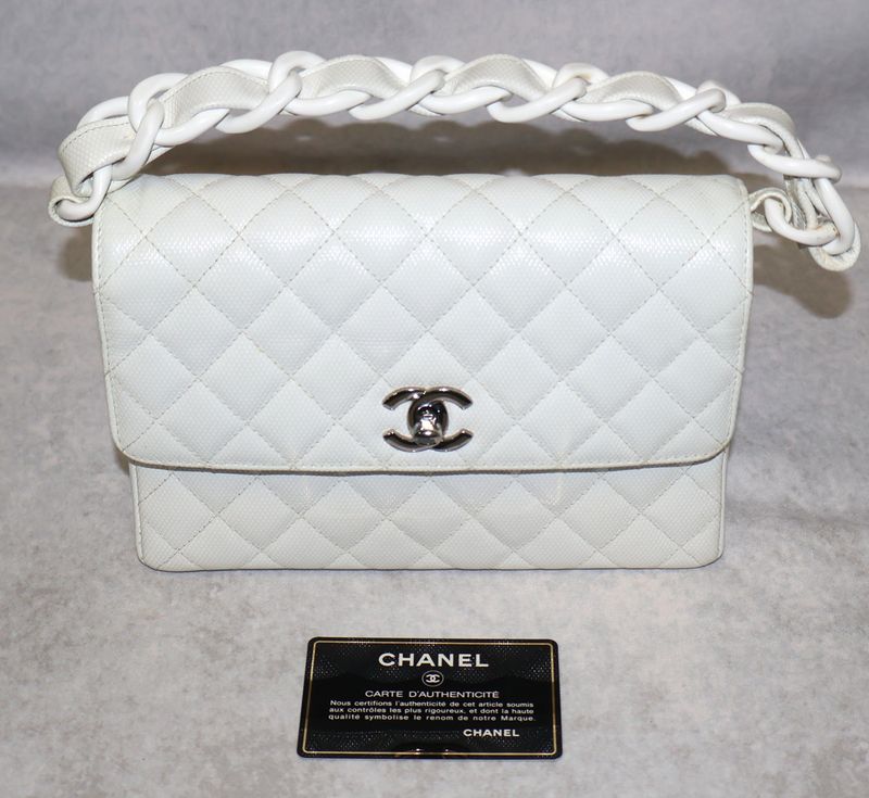 Vintage Chanel White Caviar Matelasse Flap Bag Resin Chain Silver Hardware