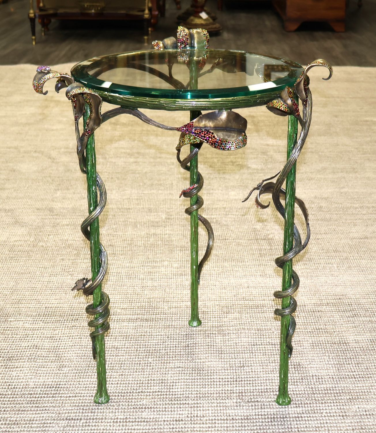 Jay Strongwater Swarovski Crystal Enameled Flora &amp; Fauna Round Occasional Table