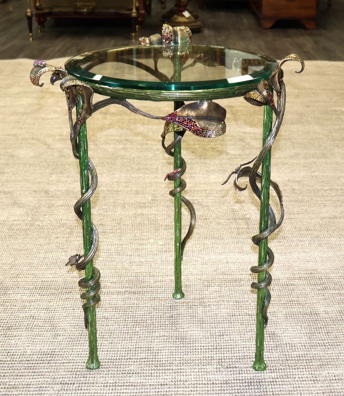 Jay Strongwater Swarovski Crystal Enameled Flora &amp; Fauna Round Occasional Table