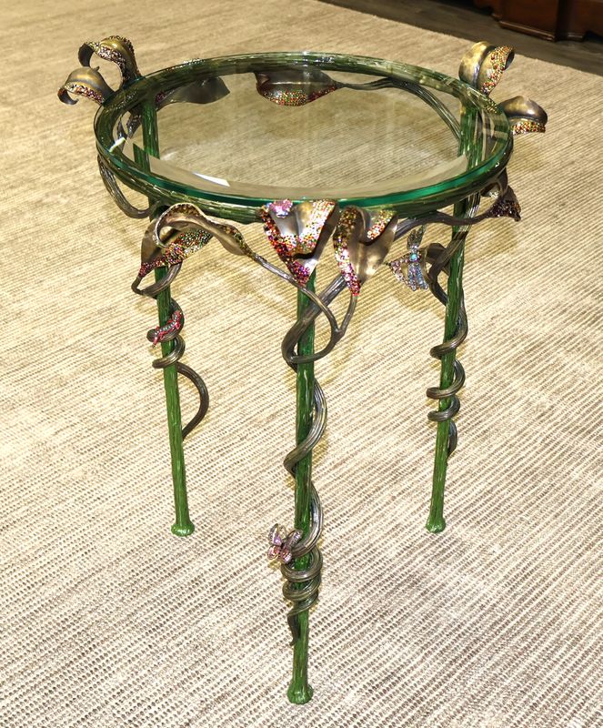 Jay Strongwater Swarovski Crystal Enameled Flora &amp; Fauna Round Occasional Table