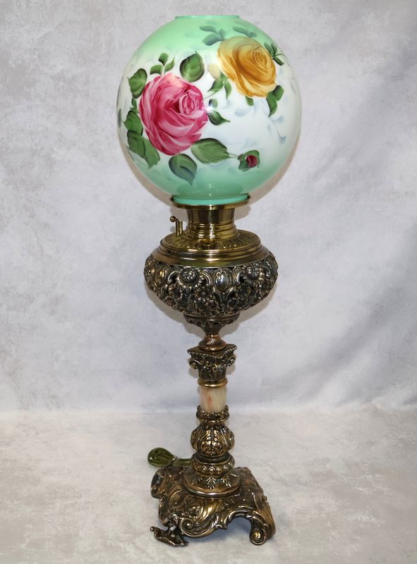Antique Bradley &amp; Hubbard Victorian Electrified Banquet Lamp with Hand-Painted Glass Shade