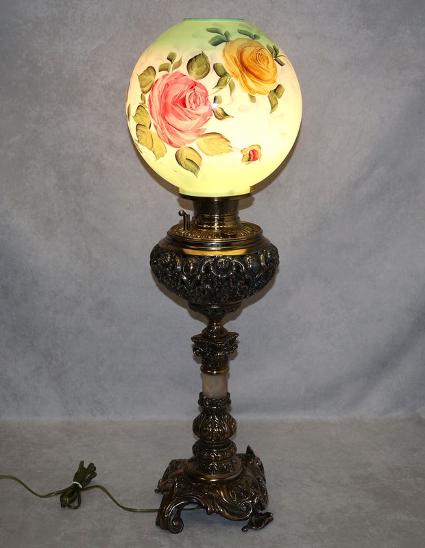 Antique Bradley &amp; Hubbard Victorian Electrified Banquet Lamp with Hand-Painted Glass Shade